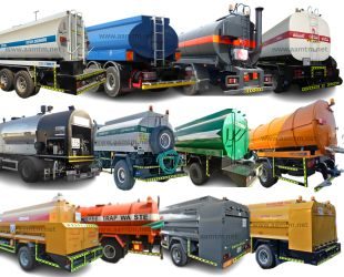 tankers-amir-akbar-metal-tanks-manufacturing Sweet water tanker truck for potable drinking water transport and supply, Bitumen tanker truck for hot asphalt transport and road construction projects, Grease trap tanker for kitchen waste, fat oil grease removal, and restaurant cleaning services, Diesel tanker truck for fuel transportation and storage, Vacuum sewage tanker truck for wastewater and sludge removal, Salt water tanker truck for non-potable and seawater supply in UAE, Bahrain, Oman, KSA, Saudi, Kuwait and other GCC countries.